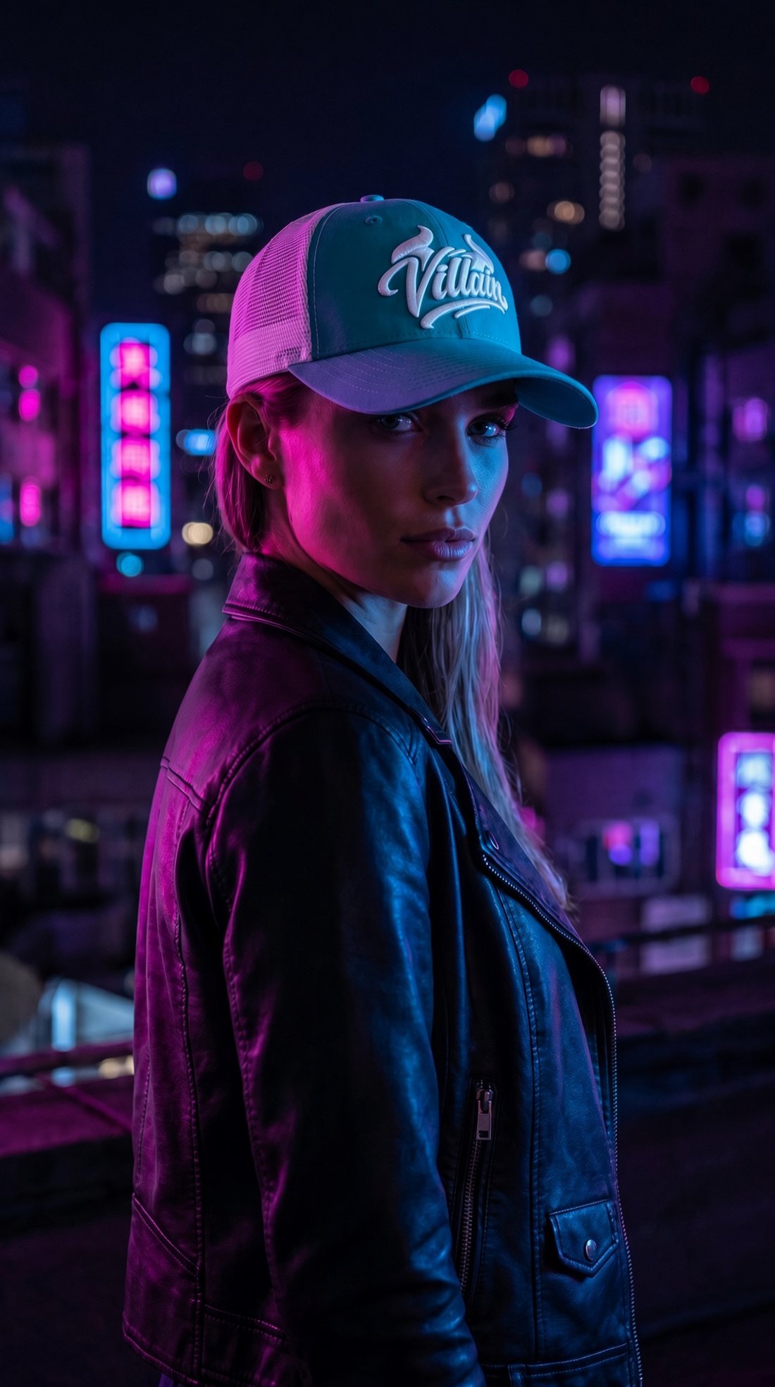 Villain trucker cap worn on a neon-lit city street at night