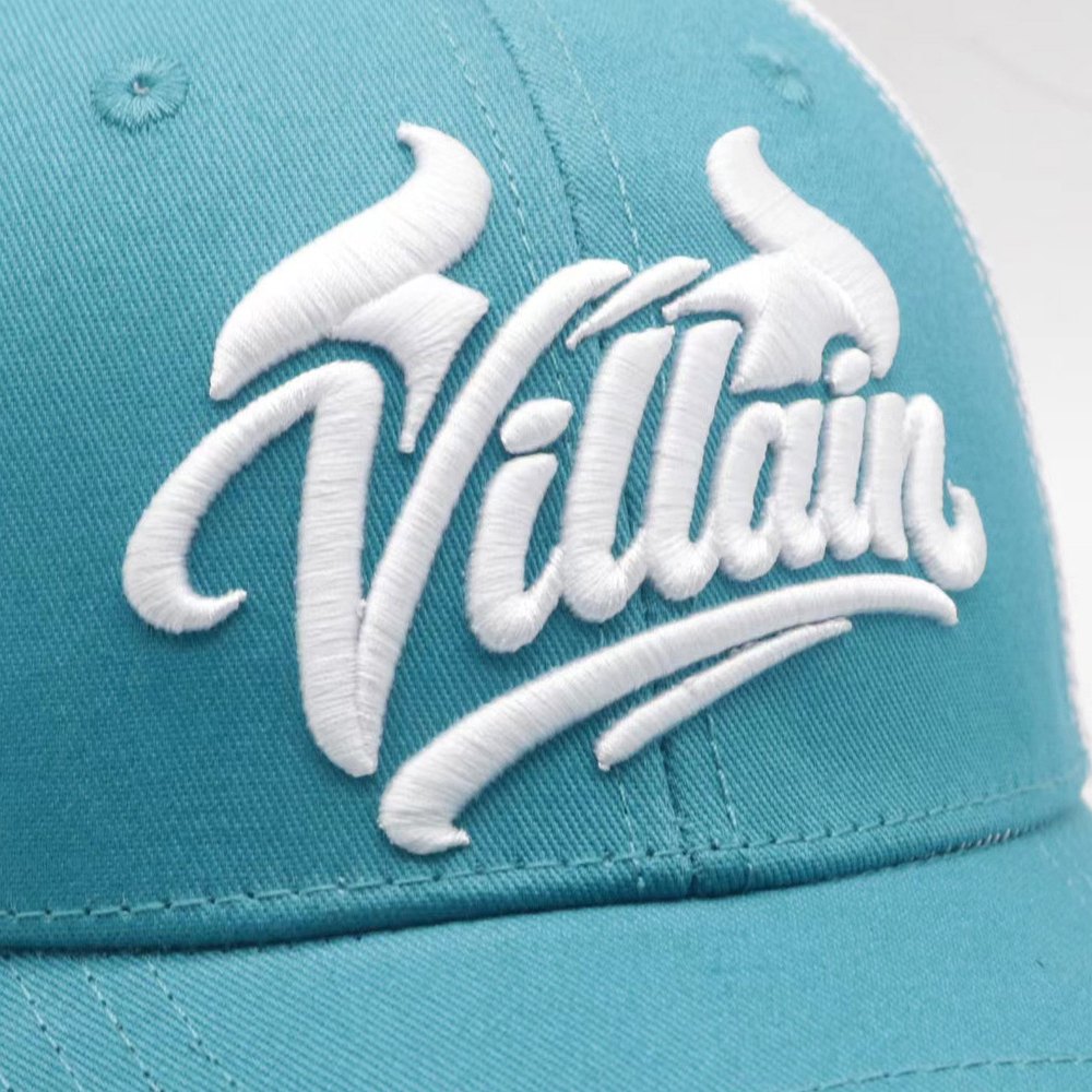 Close-up of the raised 3D puff embroidery on the Villain cap